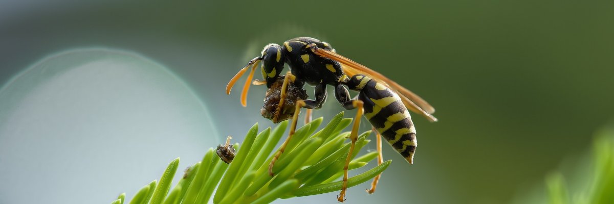 Wespe Auf diesem Bild sehen Sie eine Wespe, die auf einem Tannenzweig sitzt.