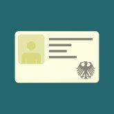 Es wird ein Personalausweis symbolisiert. Oben rechts wird die Position eines Personalausweisfotos mittels eines grauen Kastens, in der Mitte die persönlichen Daten mit grauen Linien dargestellt und auf der unteren rechten Seite ist der Bundesadler ersichtlich.