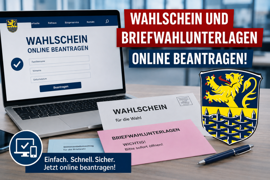 Grafik zur Online-Beantragung von Wahlschein und Briefwahlunterlagen mit Laptop, Antragsformular, Wahlunterlagen und dem Hinweis „Wahlschein und Briefwahlunterlagen online beantragen“