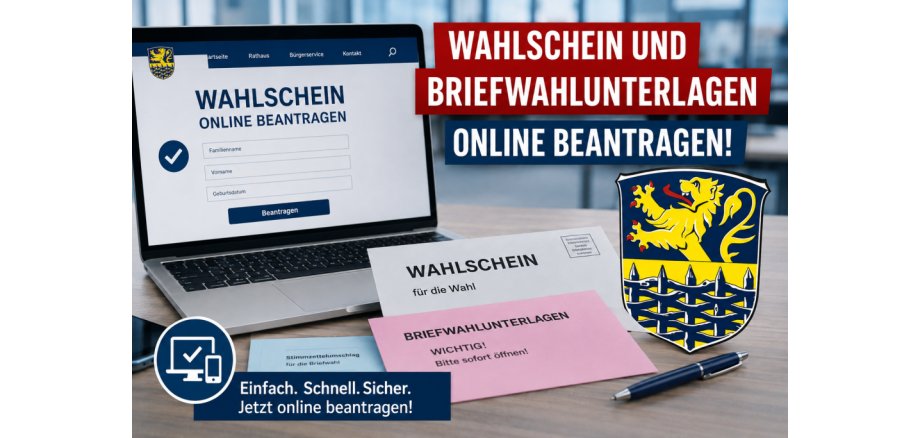 Grafik zur Online-Beantragung von Wahlschein und Briefwahlunterlagen mit Laptop, Antragsformular, Wahlunterlagen und dem Hinweis „Wahlschein und Briefwahlunterlagen online beantragen“