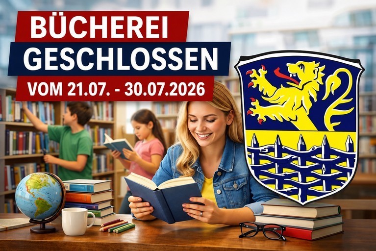 Bücherei geschlossen Hinweisgrafik der Bücherei: Die Bücherei ist vom 21.07. bis 30.07.2026 geschlossen. Im Hintergrund ist eine Bibliothek mit Bücherregalen und lesenden Personen zu sehen. Im Vordergrund liest eine Frau ein Buch; rechts befindet sich das Wappen der Samtgemeinde Hage.