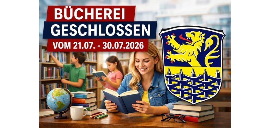 Hinweisgrafik der Bücherei: Die Bücherei ist vom 21.07. bis 30.07.2026 geschlossen. Im Hintergrund ist eine Bibliothek mit Bücherregalen und lesenden Personen zu sehen. Im Vordergrund liest eine Frau ein Buch; rechts befindet sich das Wappen der Samtgemeinde Hage.