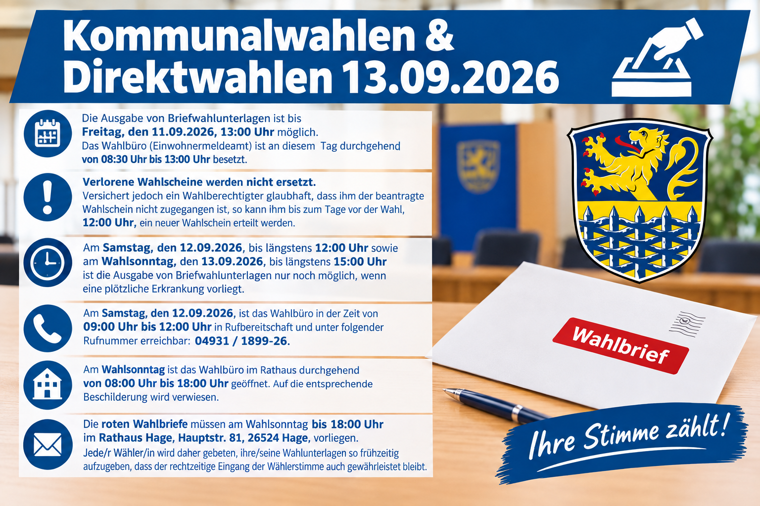 Informationsgrafik zu den Kommunalwahlen und Direktwahlen am 13.09.2026 in Hage. Überschrift: „Kommunalwahlen & Direktwahlen 13.09.2026“. Die Grafik informiert über die Ausgabe von Briefwahlunterlagen bis Freitag, 11.09.2026, 13:00 Uhr, die Öffnungszeiten des Wahlbüros, Regelungen bei verlorenen Wahlscheinen sowie die Ausgabe von Briefwahlunterlagen bei plötzlicher Erkrankung. Außerdem werden die Rufbereitschaft des Wahlbüros am Samstag, 12.09., von 09:00 bis 12:00 Uhr mit der Telefonnummer 04931 / 1899-26 und die Öffnung des Wahlbüros im Rathaus am Wahlsonntag von 08:00 bis 18:00 Uhr genannt. Die roten Wahlbriefe müssen am 13.09.2026 bis 18:00 Uhr im Rathaus Hage, Hauptstr. 81, 26524 Hage, vorliegen. Rechts sind das Wappen von Hage sowie ein roter Wahlbrief und ein Stift abgebildet. Im unteren Bereich steht: „Ihre Stimme zählt!“.