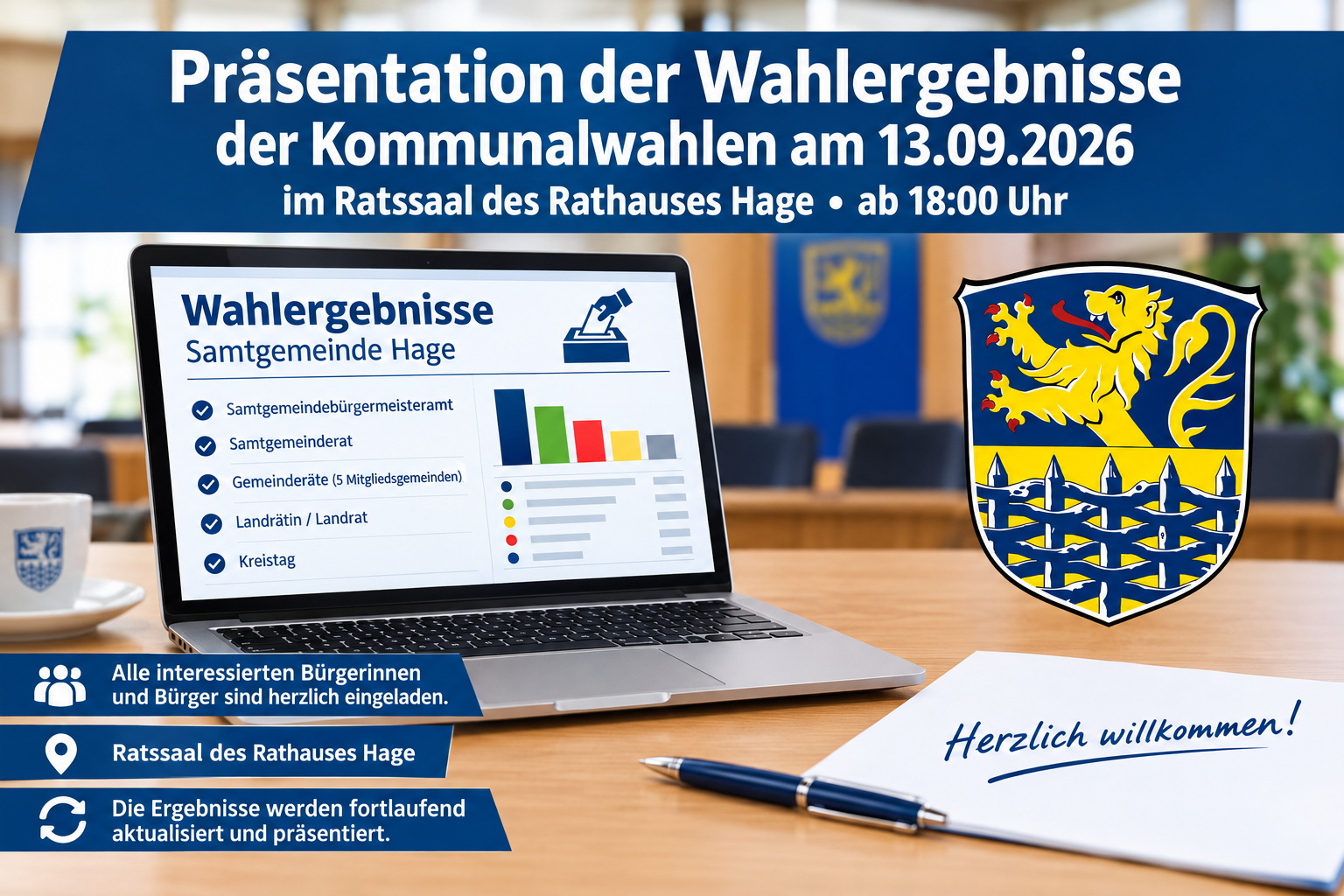 Präsentation der Wahlergebnisse Informationsgrafik zur Präsentation der Wahlergebnisse der Kommunalwahlen am 13. September 2026 in der Samtgemeinde Hage. Ein Laptop zeigt eine Übersicht der Wahlergebnisse, daneben ist das Wappen der Samtgemeinde Hage zu sehen. Die Ergebnisse werden ab 18:00 Uhr im Ratssaal des Rathauses Hage präsentiert. Alle interessierten Bürgerinnen und Bürger sind herzlich eingeladen; die Ergebnisse werden fortlaufend aktualisiert.