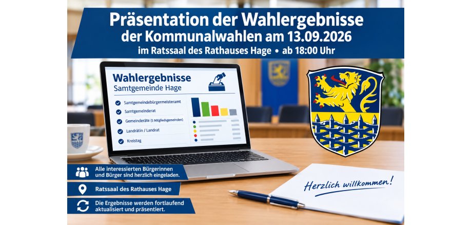 Präsentation der Wahlergebnisse Informationsgrafik zur Präsentation der Wahlergebnisse der Kommunalwahlen am 13. September 2026 in der Samtgemeinde Hage. Ein Laptop zeigt eine Übersicht der Wahlergebnisse, daneben ist das Wappen der Samtgemeinde Hage zu sehen. Die Ergebnisse werden ab 18:00 Uhr im Ratssaal des Rathauses Hage präsentiert. Alle interessierten Bürgerinnen und Bürger sind herzlich eingeladen; die Ergebnisse werden fortlaufend aktualisiert.