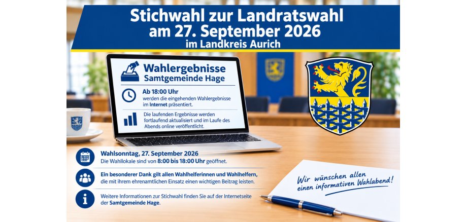 Informationsgrafik zur Präsentation der Wahlergebnisse der Kommunalwahlen am 13. September 2026 in der Samtgemeinde Hage. Ein Laptop zeigt eine Übersicht der Wahlergebnisse, daneben ist das Wappen der Samtgemeinde Hage zu sehen. Die Ergebnisse werden ab 18:00 Uhr im Ratssaal des Rathauses Hage präsentiert. Alle interessierten Bürgerinnen und Bürger sind herzlich eingeladen; die Ergebnisse werden fortlaufend aktualisiert.