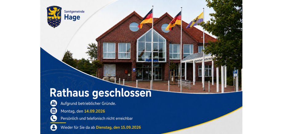 Rathaus geschlossen am 14.09.2026 Rathaus geschlossen am Montag, 14.09.2026, aufgrund dienstlicher Gründe. Wieder geöffnet ab Dienstag, 15.09.2026.