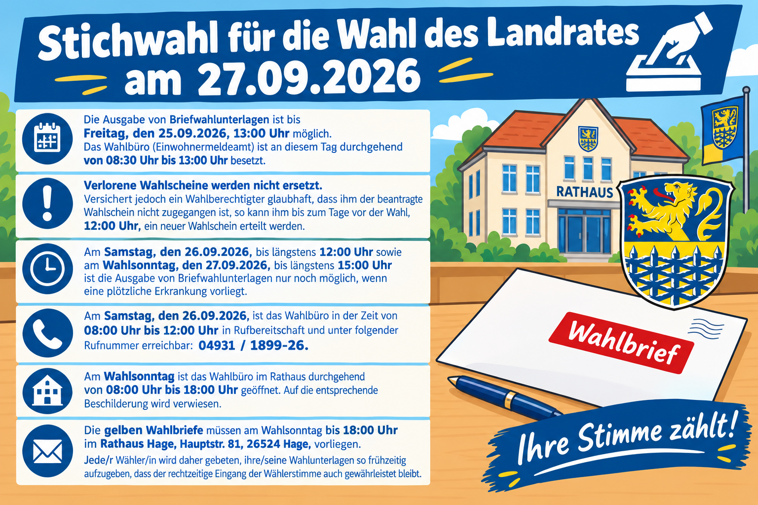 Informationsgrafik zu den Kommunalwahlen und Direktwahlen am 13.09.2026 in Hage. Überschrift: „Kommunalwahlen & Direktwahlen 13.09.2026“. Die Grafik informiert über die Ausgabe von Briefwahlunterlagen bis Freitag, 11.09.2026, 13:00 Uhr, die Öffnungszeiten des Wahlbüros, Regelungen bei verlorenen Wahlscheinen sowie die Ausgabe von Briefwahlunterlagen bei plötzlicher Erkrankung. Außerdem werden die Rufbereitschaft des Wahlbüros am Samstag, 12.09., von 09:00 bis 12:00 Uhr mit der Telefonnummer 04931 / 1899-26 und die Öffnung des Wahlbüros im Rathaus am Wahlsonntag von 08:00 bis 18:00 Uhr genannt. Die roten Wahlbriefe müssen am 13.09.2026 bis 18:00 Uhr im Rathaus Hage, Hauptstr. 81, 26524 Hage, vorliegen. Rechts sind das Wappen von Hage sowie ein roter Wahlbrief und ein Stift abgebildet. Im unteren Bereich steht: „Ihre Stimme zählt!“.